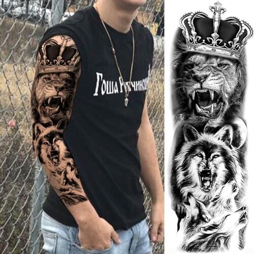 Waterproof Fake Tattoo Stickers Fashion DIY Lion King Wolf Mighty Temporary Tattoos For Men Women Body Art Full Arm Sleeve Tatoo