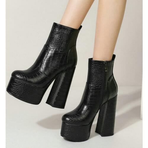 Black Brown White Women Ankle Boots Faux Leather Round Toe Women Motorcycle Boots Platform Super Square High Heel Womens Boots