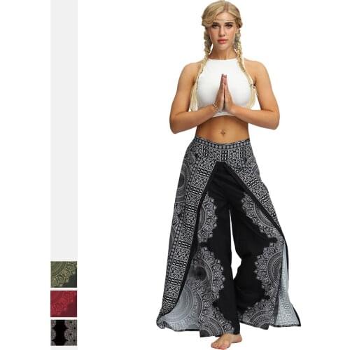 2020 Womens Split Wide Leg Pants Summer Casual Beach Boho Print Pants Plus Size High Waist Gym Pants Sweatpants