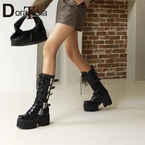 Big Size 44 Brand New womens Fashion Bat Metal Buckle Mid-Calf Boots Platform Chunky High Heels Motorcycle Boots Shoes Woman