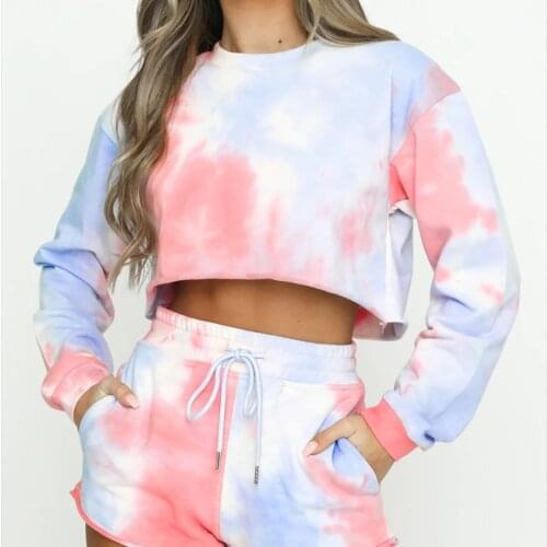 Women Two Piece Sets Tie Dye Elastic Waist Set Autumn Long Sleeve O-neck Casual Tops Short Drawstring Pant Sexy Outfit for Woman