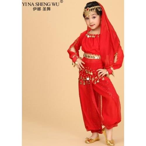 Bollywood Belly Dance Costume Set For Kids Egypt Egyptian Oriental Indian Belly Dance Suit For Girls Dress 120D Chiffon Top Pant