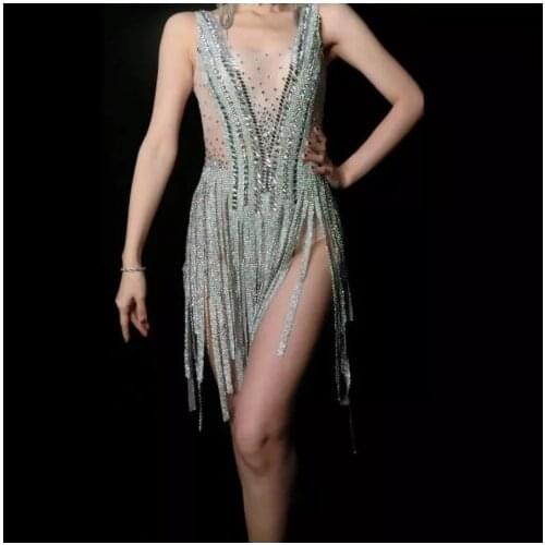 Women Birthday Celebrate Bodysuit Costume Sparkly Silver Rhinestones Fringes Dress Tassel Bodysuit Performance Evening Wear