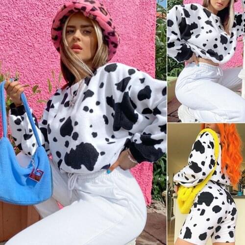 Dairy Cow Print Women Crop Top Sweatshirt Pullover O Neck Long Sleeve Loose Streetwear Casual Autumn Winter Korea