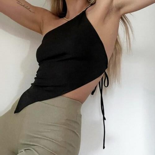 Backless One Shoulder Vest Sexy Bodycon Sleeveless Casual Camis 2021 Summer Lace Up Irregular Party Solid Spaghetti Strap Vest