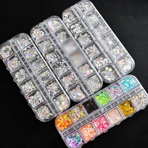 12Grids Nail Glitter Flakes Mixed-Shape Chunky Holographic Laser Shining Sequins Iridescent Nail Art Ultra-Thin Dec Paillette h