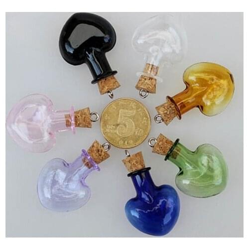 20sets/lot mix color heart shape diy glass bottle with cork vial pendants perfume essential oil wishing bottle jewelry findings