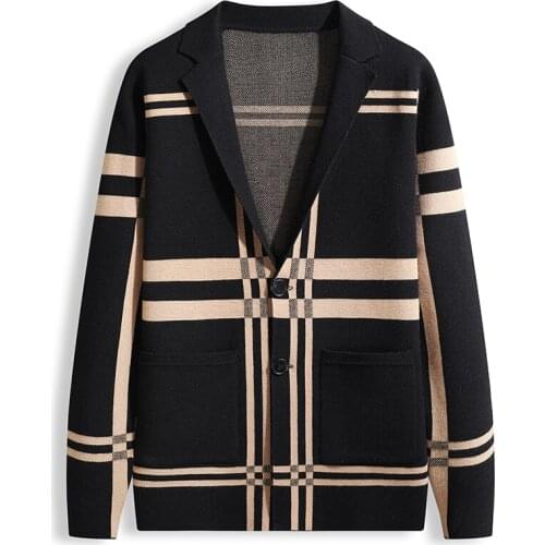 2021 Plaid Top Grade New Autum Winter Brand Fashion Knitted Men Cardigan Sweater Black Korean Casual Coats Jacket Mens Clothing