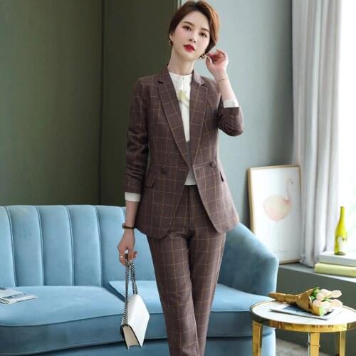 IZICFLY Autumn Winter New Style Coffee Plaid High Quality Professional Pantsuits Ladies Office Business Blazer Set With pant
