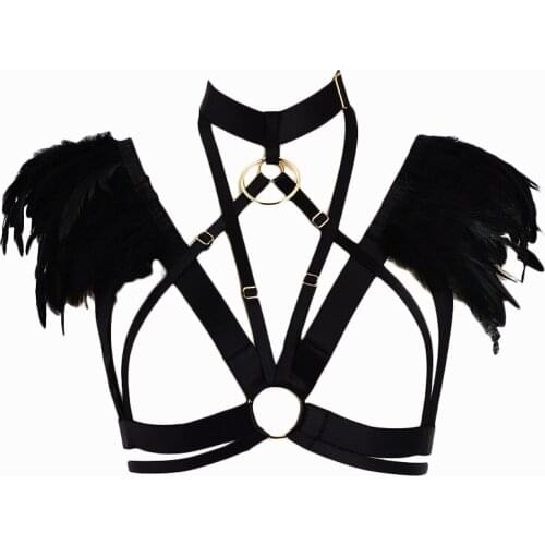 JLX.HARNESS Feather Body Harness Neck Ring Adjustable Sexy Bra Feather Wings Top Cage Bra Gothic Bondage Harness Burning