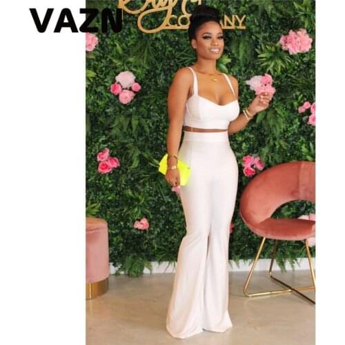 VAZN 2020 Hot List Joker Elegant Sexy Club Mature Fashion Solid Strapless Top Long Flare Pants Elastic Women 2 Piece Set