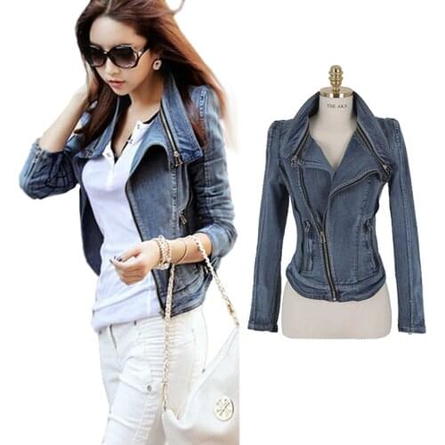 Fashion Womens Vintage Jean Slim Fit Zip Autumn Short Jacket Tops Coat Denim Outerwear Jeans Size S M L XL JK488