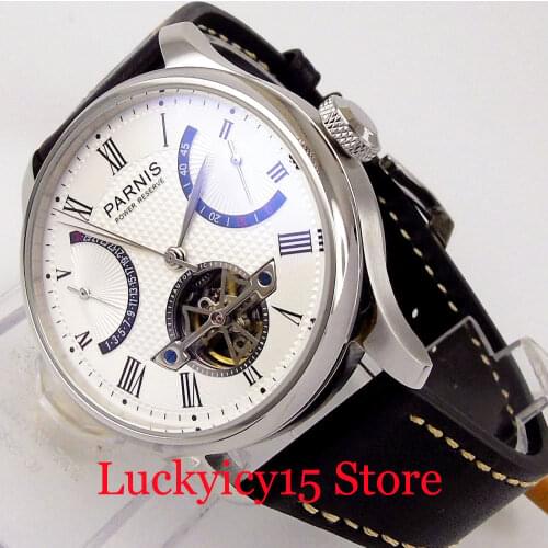PARNIS Brand Self Winding Men Wristwatch Leather Band Power Reserve Date Function Hollow Dial