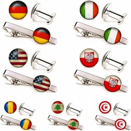 Handcrafted American Flag Cufflinks Tie Clip National Symbolic Silver Plated Flag Bridegroom Wedding Sets Jewelry Accessories