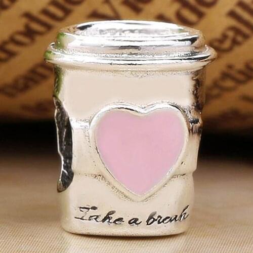 Original Pink Enamel Takeaway Coffee Drink To Go Beads Fit 925 Sterling Silver Bead Charm Europe Bracelet Bangle Diy Jewelry