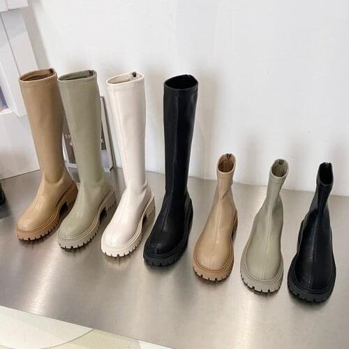 Autumn Winter Motorcycle Women Boots Ankle Boots Ladies Shoes and PU Leather Long Boot Back Zipper Square Head Solid Color Boots