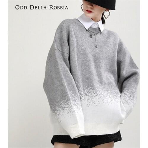 OddDellaRobbia Autumn Winter Women 2-Color Gradient Fashion Pullover Sweater Loose Casual Mid-Length Round Neck Knitted Top 1665