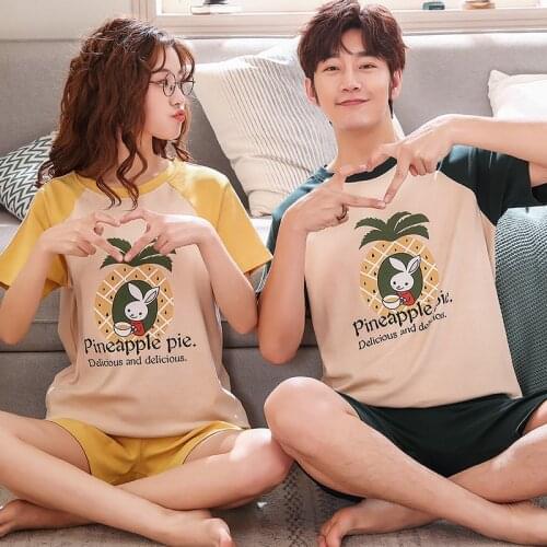 Couple Pajamas Set Cotton Fresh Style Patchwork Short Sleeve Homewear Summer Funny Cartoon Printing Lovers Outdoor Sleepwear