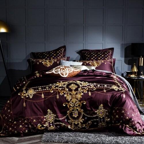 High Class super quality 100S egyptian Cotton bedding set king size 4/6pcs luxury embroidery duvet cover sets dark purple green
