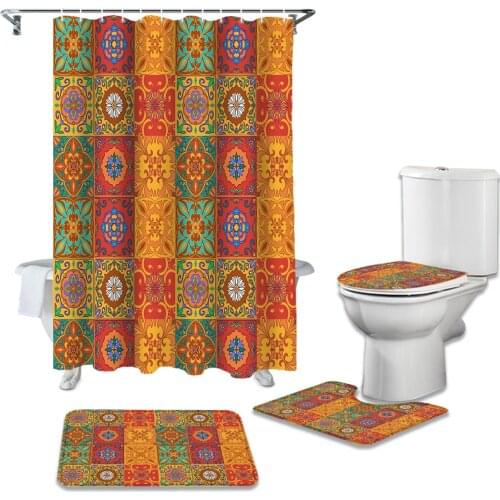 Retro Tile Pattern Image Bathroom Curtain Set Bath Mat Sets Shower Curtains with Hooks Non-Slip Pedestal Rug Toilet Cover