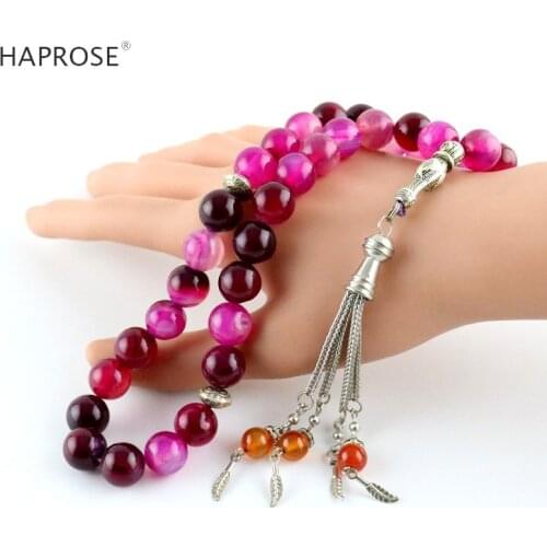Rose red tasbih bracelet islamic muslim tasbin allah tassels accessories agate stone 33 beads prayer jewelry gift