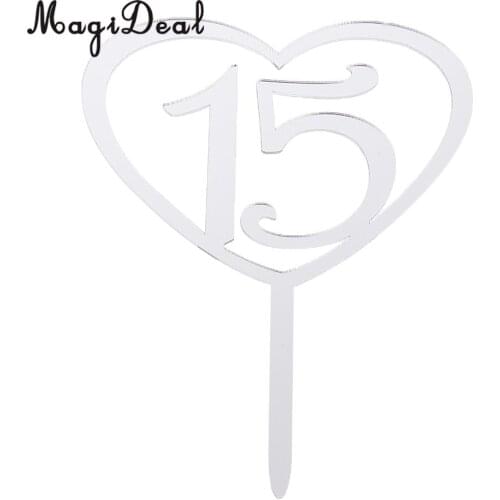 Silver Acrylic Heart Number 15 Cake Topper 15th Birthday Anniversary Party Decor