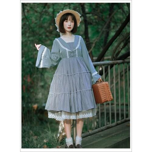 Vintage sweet lolita dress lace turn-down collar lattice patchwork high waist victorian dress kawaii girl gothic lolita op loli