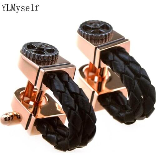 2prs/Lot Rose gold+Black 2 Tone plating cufflinks for man Fashion Mens cuff buttons Black Leather gearwheel design cuff link