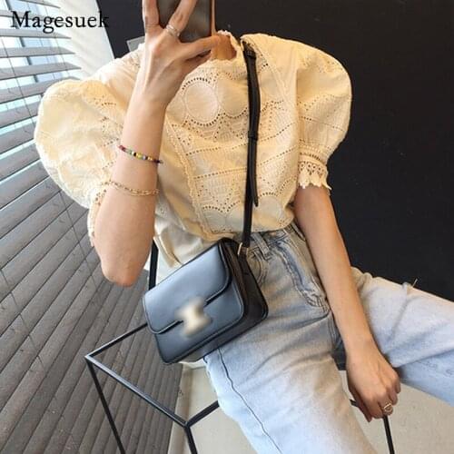 Summer Loose Hollow Out Women Tops Korean Style Sweet Puff Short Sleeve Women Blouses Casual O Neck Ladies Shirt Female 15181