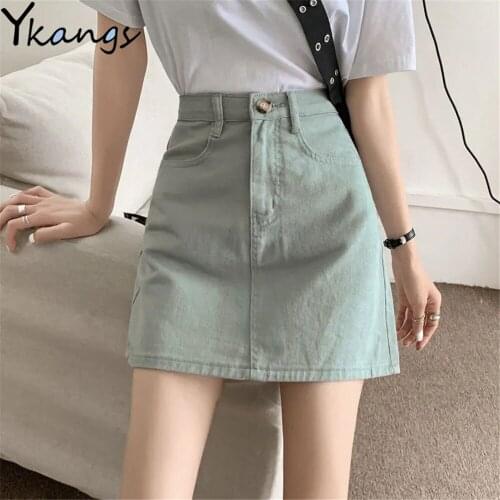 Summer Light Green Denim Mini Bag Hip Skirt Women Pocket Button Zipper Vintage High Waist Short Jean Skirt Korean Streetwear