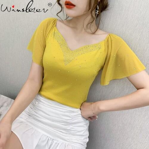 Summer Korean Style T-Shirt Fashion Sexy V-Neck Shiny Diamonds Women Tops Ruffled Sleeve Tees All Match Slim New 2021 T14612A