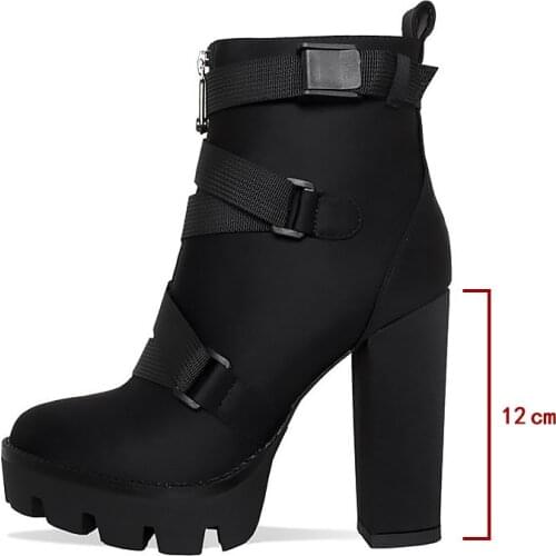 2019 New Fashion Spring Autumn Platform Ankle Boots Women 12cm Thick Heel Platform Boots Ladies Worker Boots Black Big Size