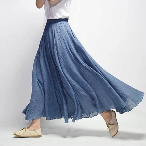Women Linen Cotton Long Skirts Elastic Waist Pleated Maxi Skirts Beach Boho Vintage Summer Skirts New