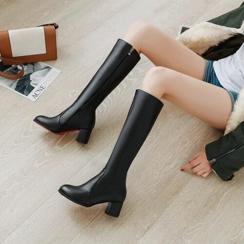 Womens Knee High Boots Pu Leather Candy Autumn Winter High Boots Female Platform Black White Long Shoes Ladies Large Size