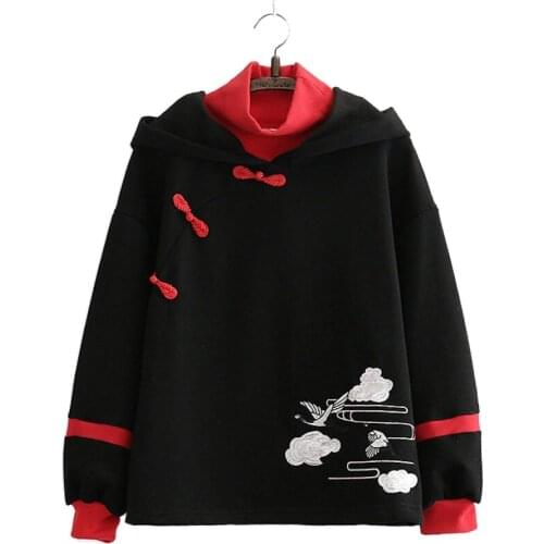 Women Warm Fleece Hooded Sweatshirts Winter Long Sleeve Hit Color Femme Chinese Style Embroidery Hoodies With Buckle 2010055