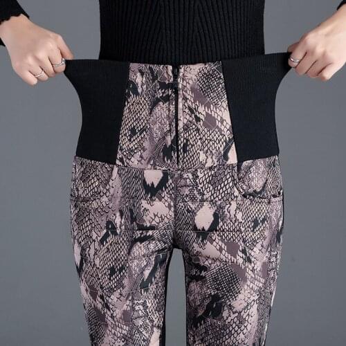 Print Snake Womens Winter Pants Trousers High Waist Velvet Thick Warm Down Pants Female Fashion Slim Outer Wear Pencil Pants