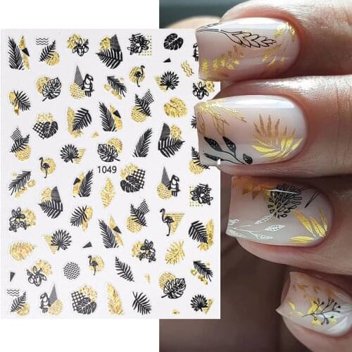 3D Gold Summer Leaf Nail Stickers DIY Maple Beach Laser Shinning Geometrics Lines Self Adhesive Decals Nail Art Decoration 1PCS