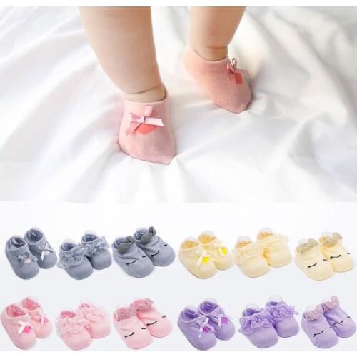 1 Pair Handmade Fashion Baby Sock Mixed Color Yellow Pink Lace Bowknot Non-slip Toddler Socks Kid Clothes Accessories 0-3 Y