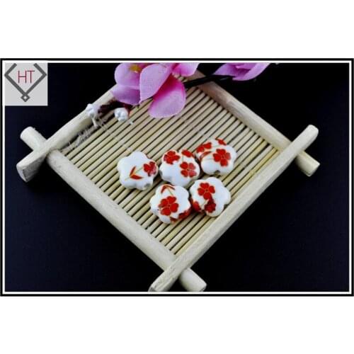 100pcs Jewelry Beads Charms Ceramic 15mm Red Floweret Hand Painting Printing Porcelain Loose Spacer Beads Wholesale