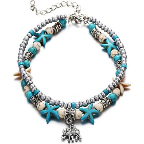 12 Pieces/Lot Anklet Bracelet Foot Jewelry Beads Starfish Elephant Pendants Multilayer Anklets For Women Beach Sandals Accessory