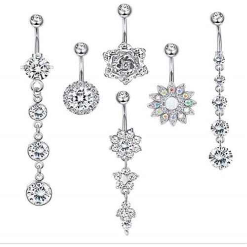 6PCS/Set Surgical Steel Dangle Navel Rings Crystal Navel Bars Women Belly Button Ring Navel Piercing Fashion Jewelry