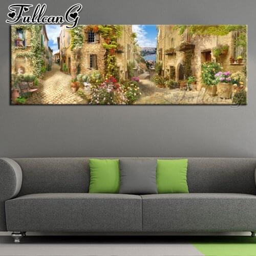 FULLCANG Seaside town garden diy 5d diamond painting full embroidery landscape large mosaic needlework wall decoration FC2048
