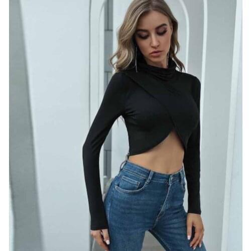 Cultiseed European Women Sexy Turtleneck Cross Hollow Waist Short Basic T-Shirts Tops Clothing Female Ladies New Fashion Tees