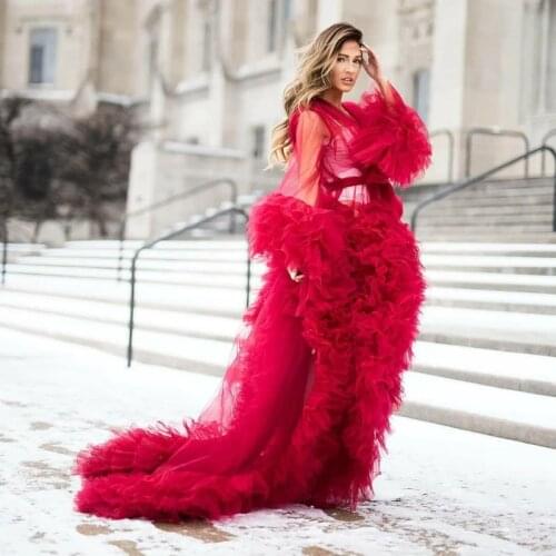 Red Puffy Ruffled Pleated Tulle Women Dresses Sexy Sheer Long Tulle Robes Baby Shower Wear Maternity Gowns Plus Size