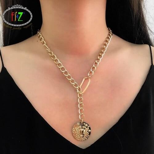 F.J4Z new arrival fashion punk style maxi link chain zodiac round Cancer carved pendant necklace rock hip hop night club jewely