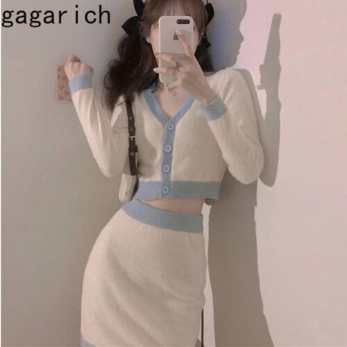 Gagarich Woman Sets 2021 Summer Autumn New Ins Fashion Color Contrast V-neck Short Top High Waist Hip Skirt Female Knitting Suit