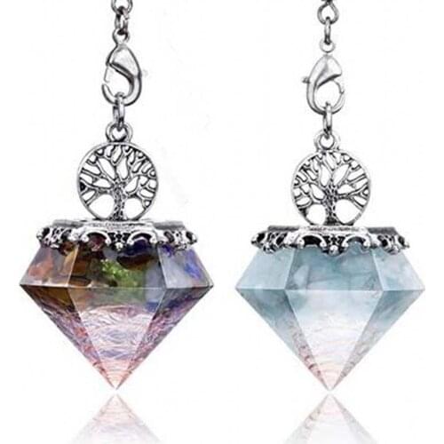 KFT Natural Crystal Orgonite Orgone Diamond Shape Tree of Life Chakra Stone Pendant Pendulum Chain For Energy Amulet Jewelry