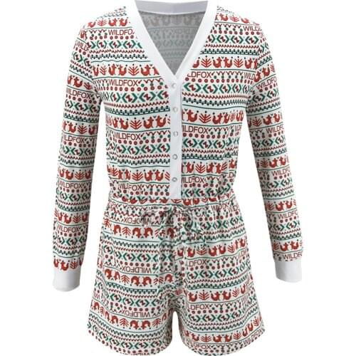 Fashion Women Long Sleeve V-Neck Button Bodysuit Sexy Ladies Christmas Printed Short Rompers Jumpsuit Pyjamas Nightwear