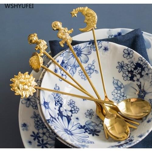Creative cute stainless steel golden dessert coffee spoon smooth and delicate small spoon dessert fork European luxury home