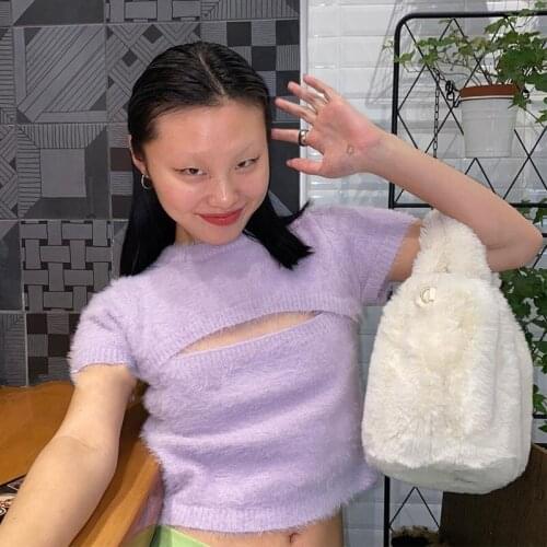 A shop womens summer short top with navel exposed knitted hollow chest design hairy Short Sleeve T womens fashion